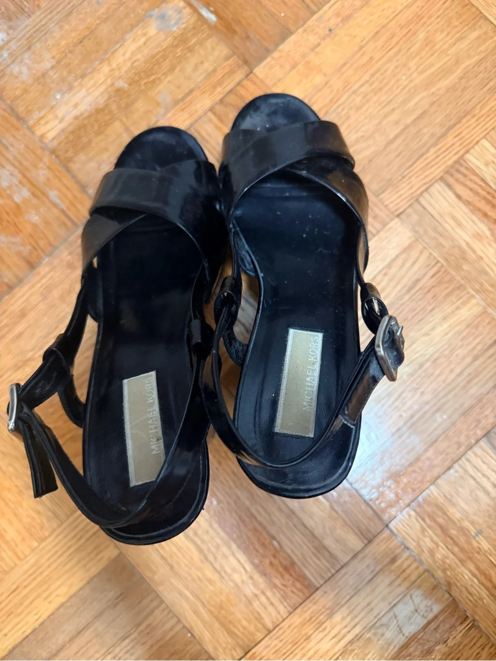 Michael Kors Black Patent Platform Block Heel Sandals